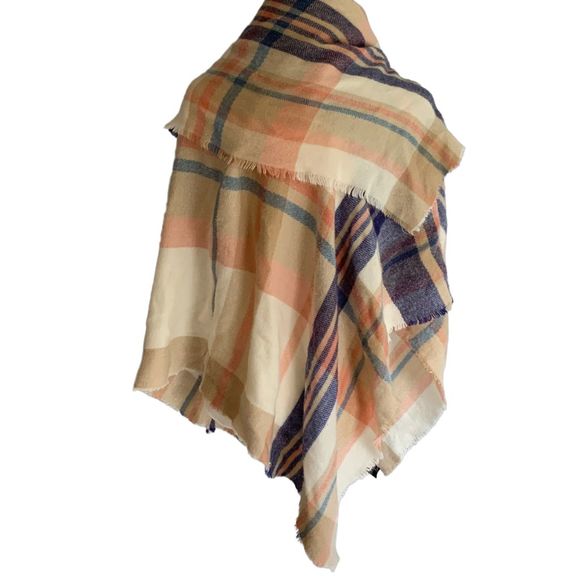 Pink Blue Blanket Scarf, Scarf Blanket, Plaid Blanket Scarf, Winter Oversized Sc - Picture 3 of 4